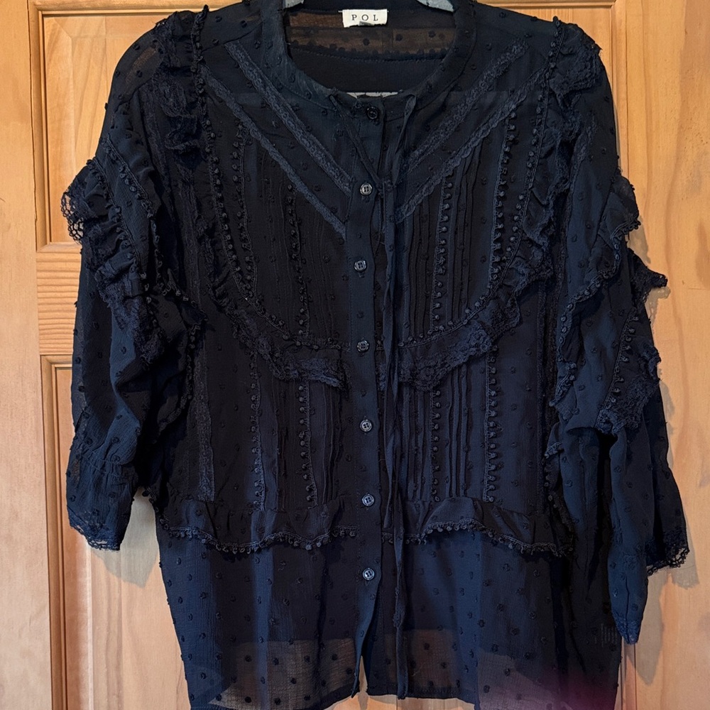 POL Black Sheer Lace-Trim Button Front Blouse